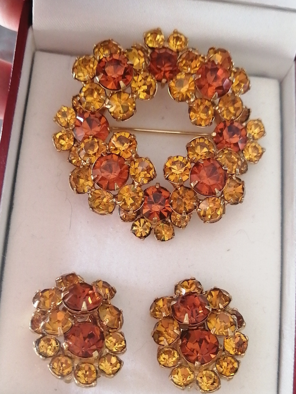 EISENBERG ICE Golden Amber Crystal Floral Brooch and Clip On Earring Vintage Set